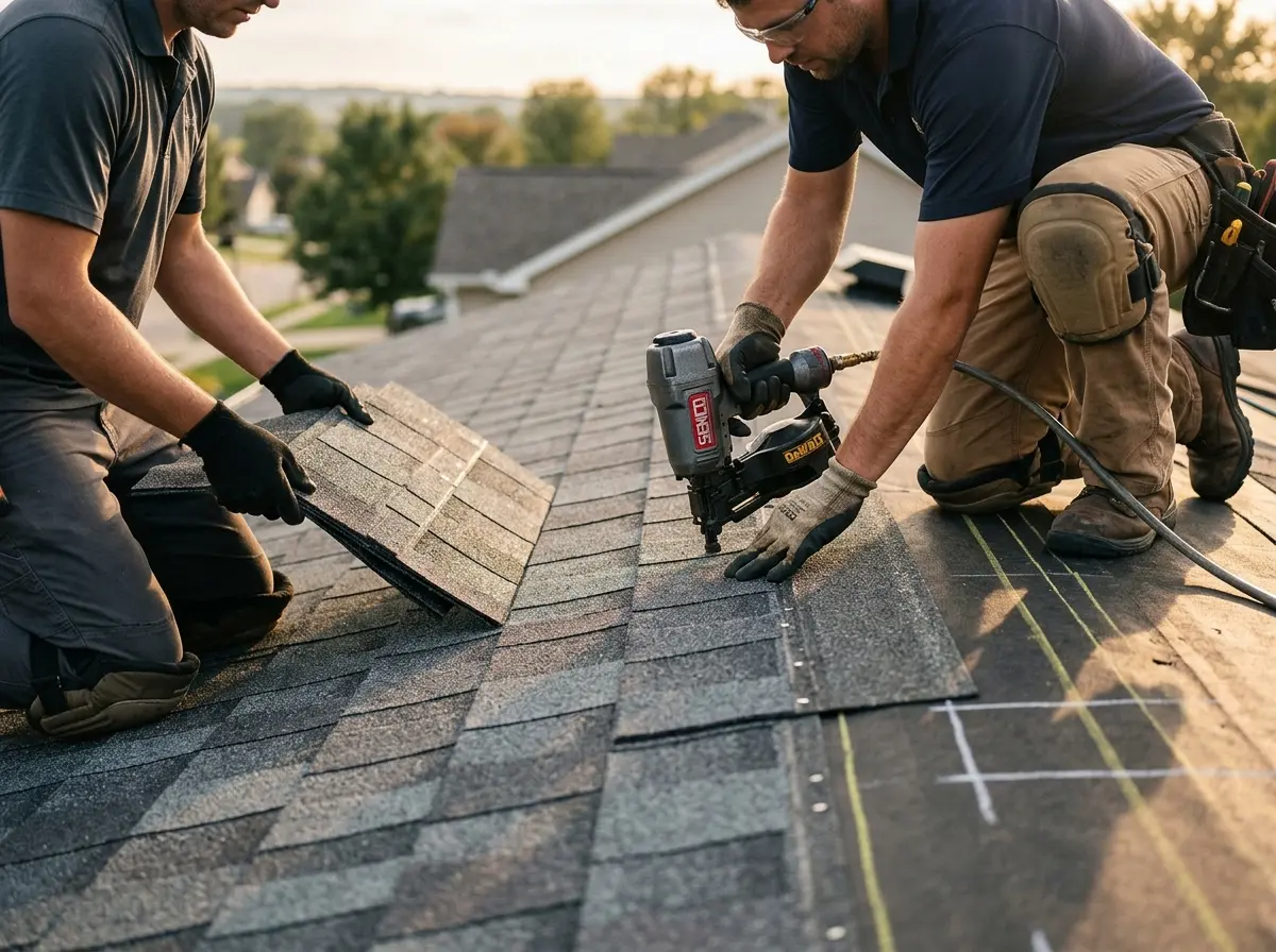 Professional roofer working on a residential roof in Offutt AFB